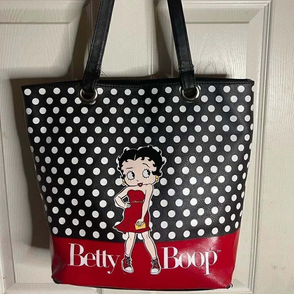 Betty Boop vegan leather black and white polka dots and red medium tote bag.